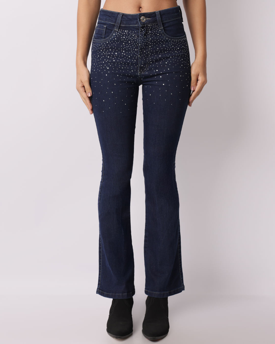 Calça Jeans Feminina Flare Com Aplicação Strass Azul-1747665697170