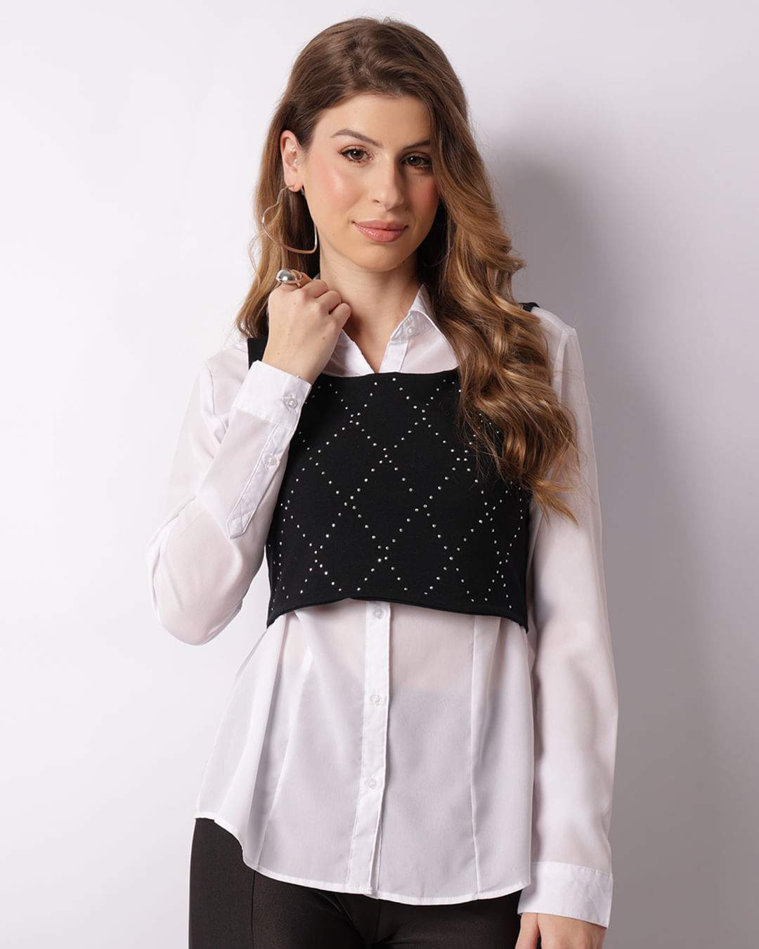 Regata Feminina Cropped Aplicação Strass Preta