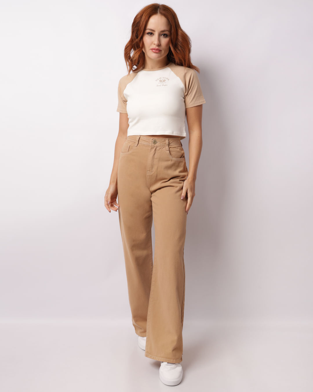 Calça Sarja Feminina Wide Leg Com Bolsos Bege