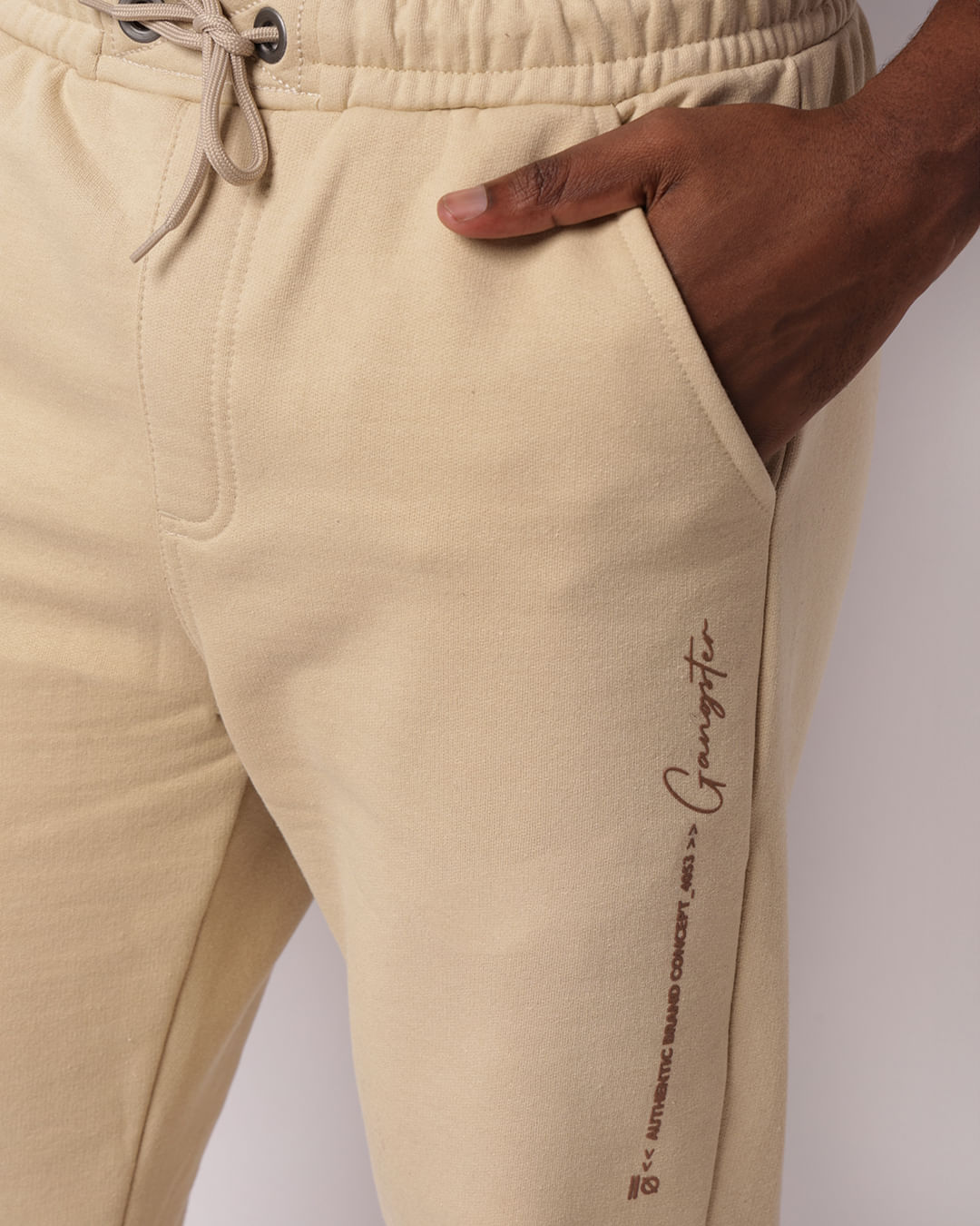 Calça Moletom Masculina Jogger Gangster Com Bolsos Bege