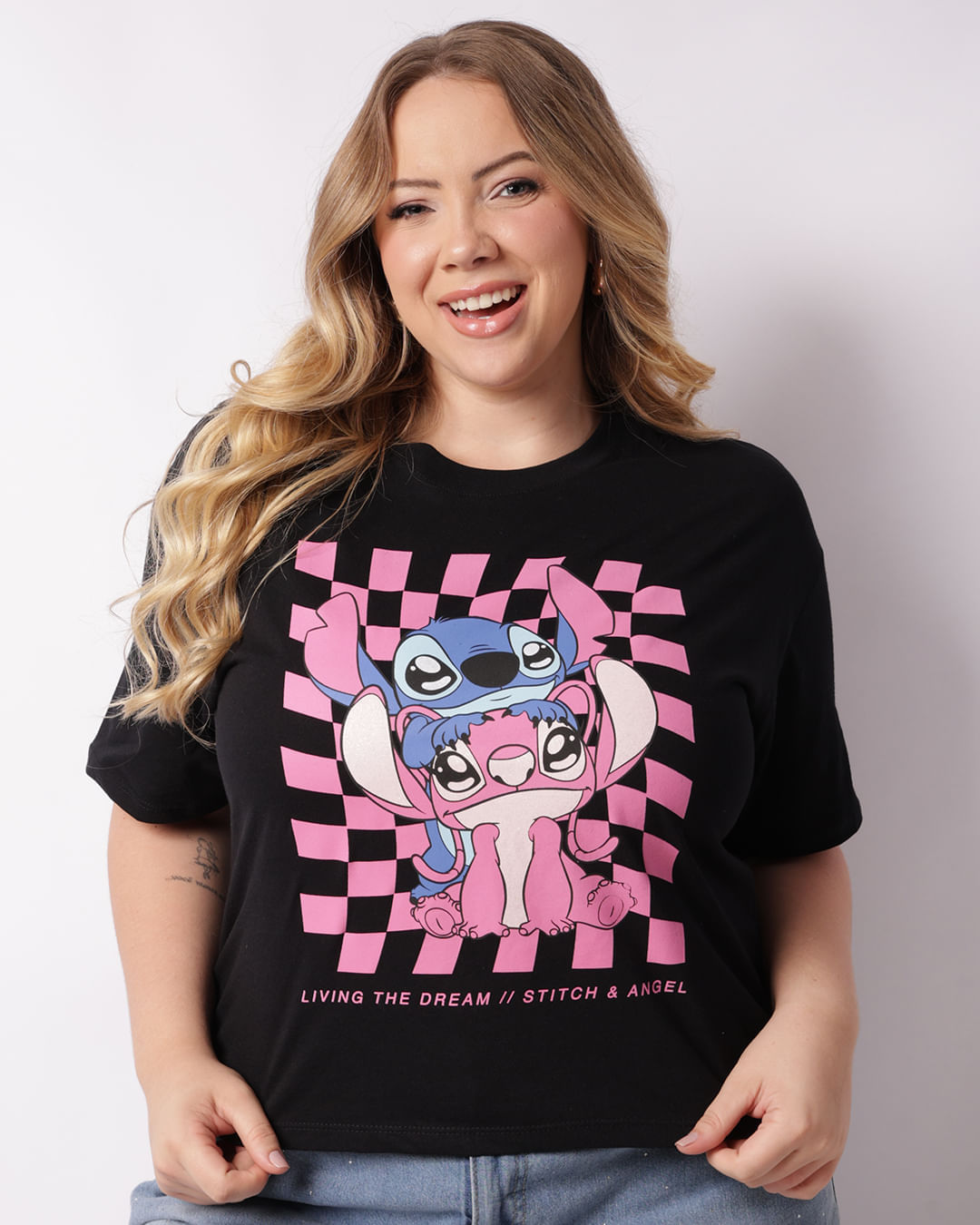 CAMPANHA PERSONAGENS Camiseta Plus Size Feminina Disney Stitch Preta-1747946813359