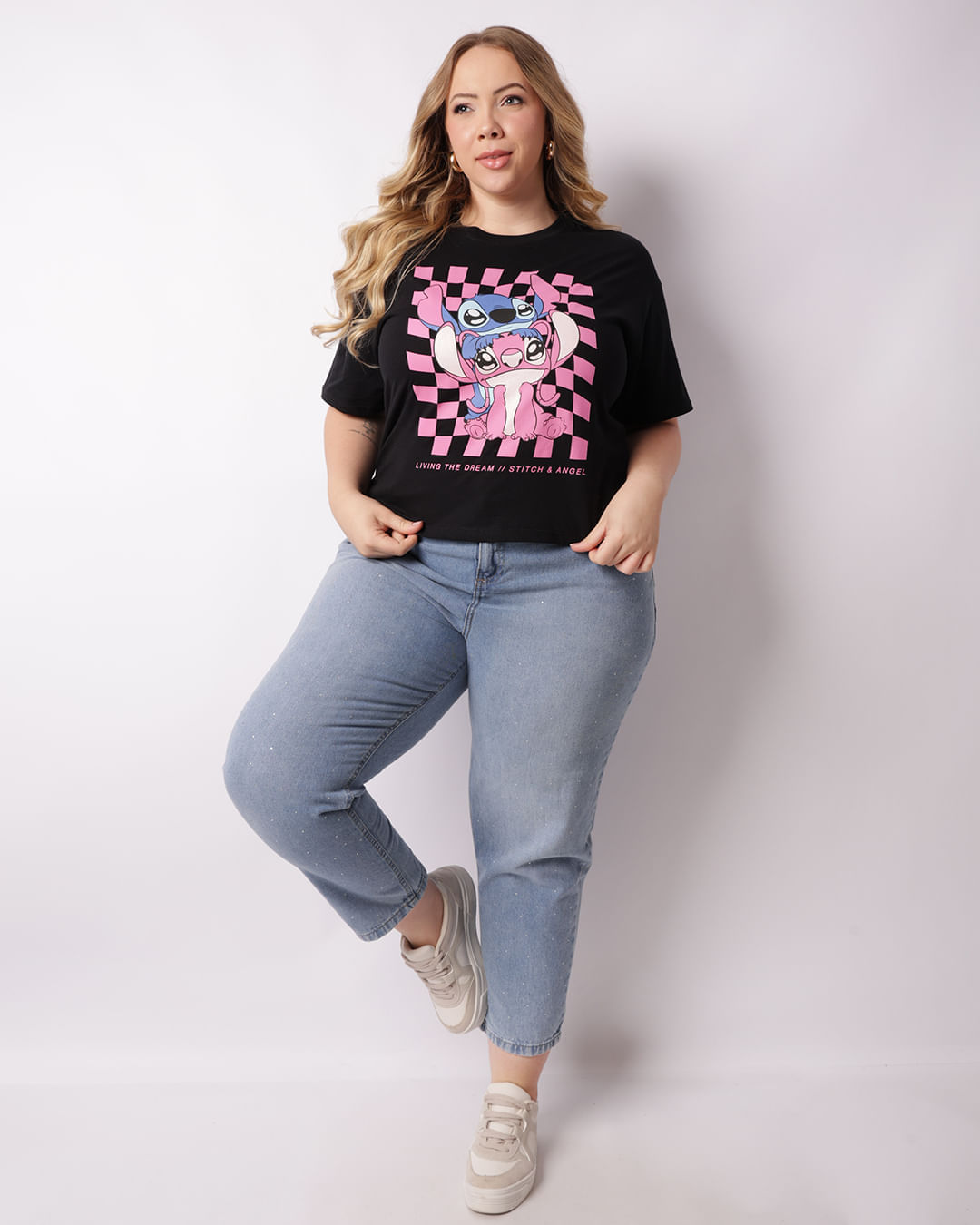 CAMPANHA PERSONAGENS Camiseta Plus Size Feminina Disney Stitch Preta-1747946912457