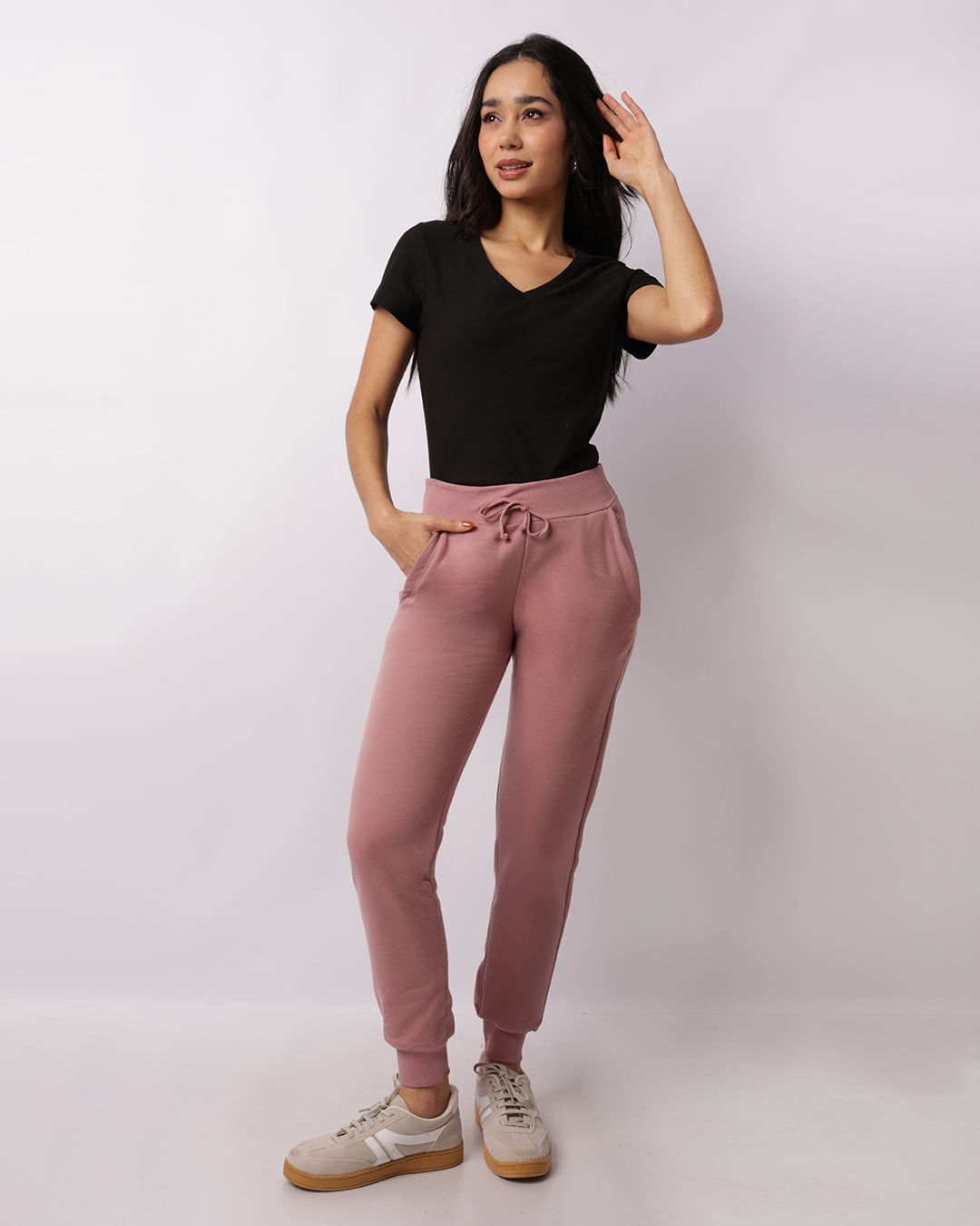 Calça Moletom Feminina Jogger Com Bolsos Rosa-1748017823232