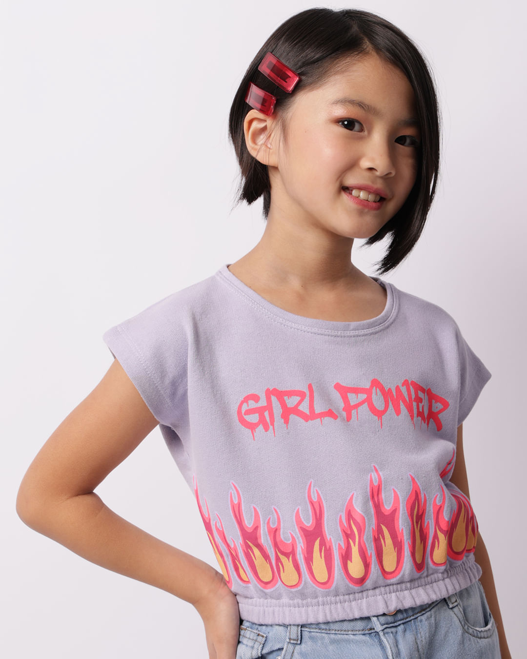 Blusa Infantil Cropped Girl Power Manga Curta Lilás-1748280231444