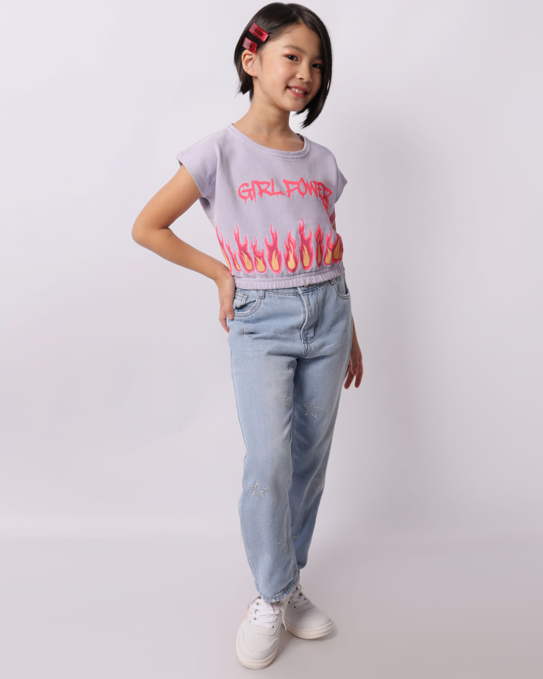 Blusa Infantil Cropped Girl Power Manga Curta Lilás-1748280277237
