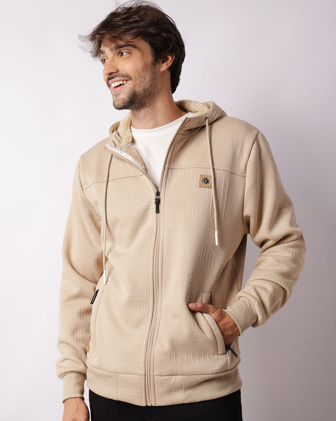 Jaqueta Moletom Masculina Gangster Peluciada Jacquard Bege