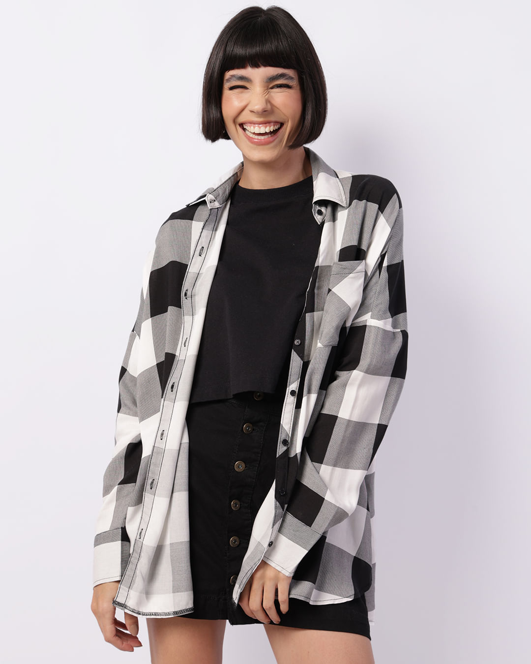 Camisa Feminina Viscose Berry & Co. Oversized Xadrez Preta