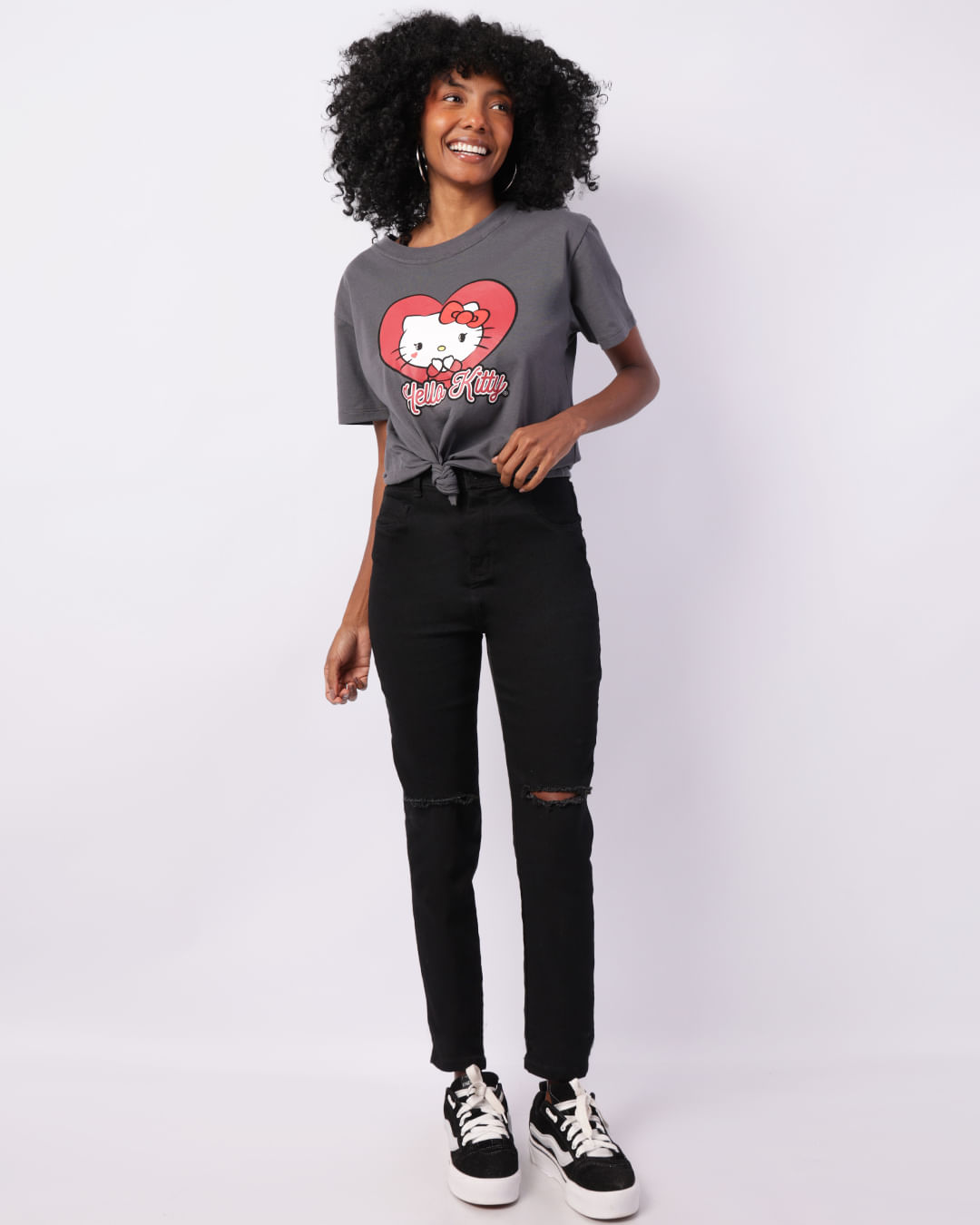 CAMPANHA PERSONAGENS Camiseta Feminina Hello Kitty Manga Curta Cinza-1749137598824