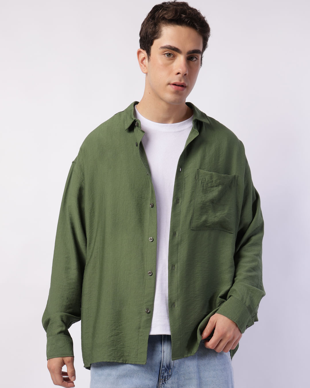 Camisa Masculina Viscose Oversized Mullet com Bolso Verde