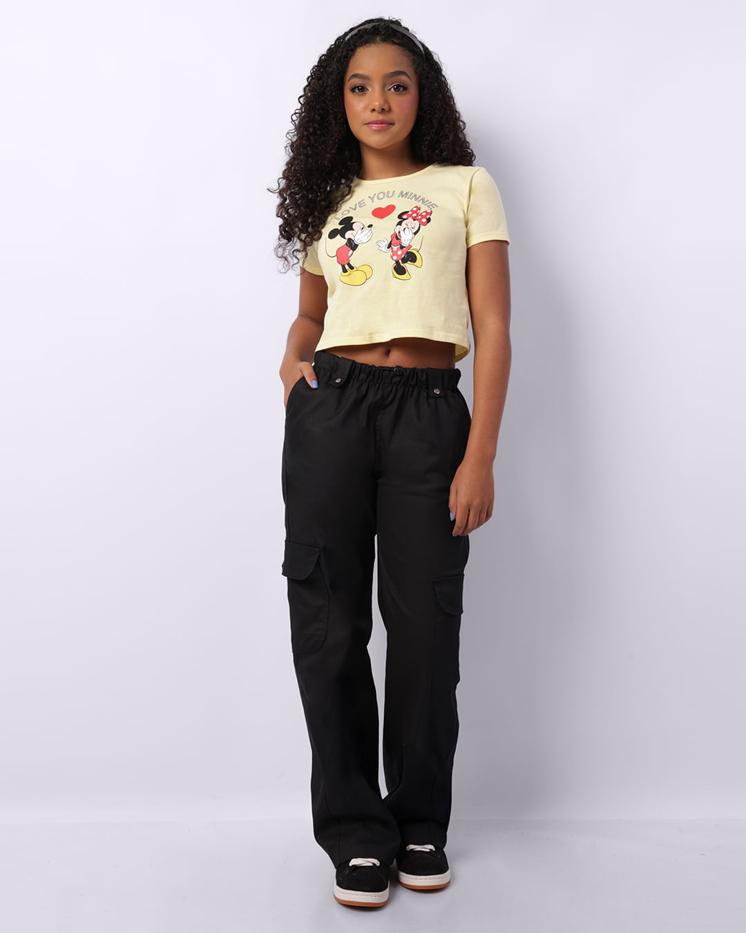 Calça Juvenil Sarja Wide Leg Bolso Cargo Com Stopper Preta-1749151892569
