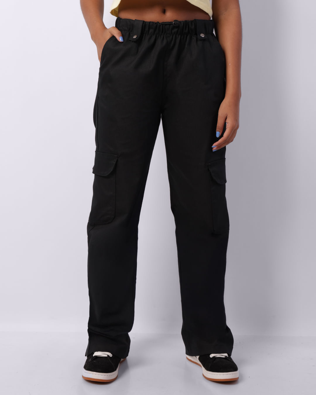 Calça Juvenil Sarja Wide Leg Bolso Cargo Com Stopper Preta-1749151917044