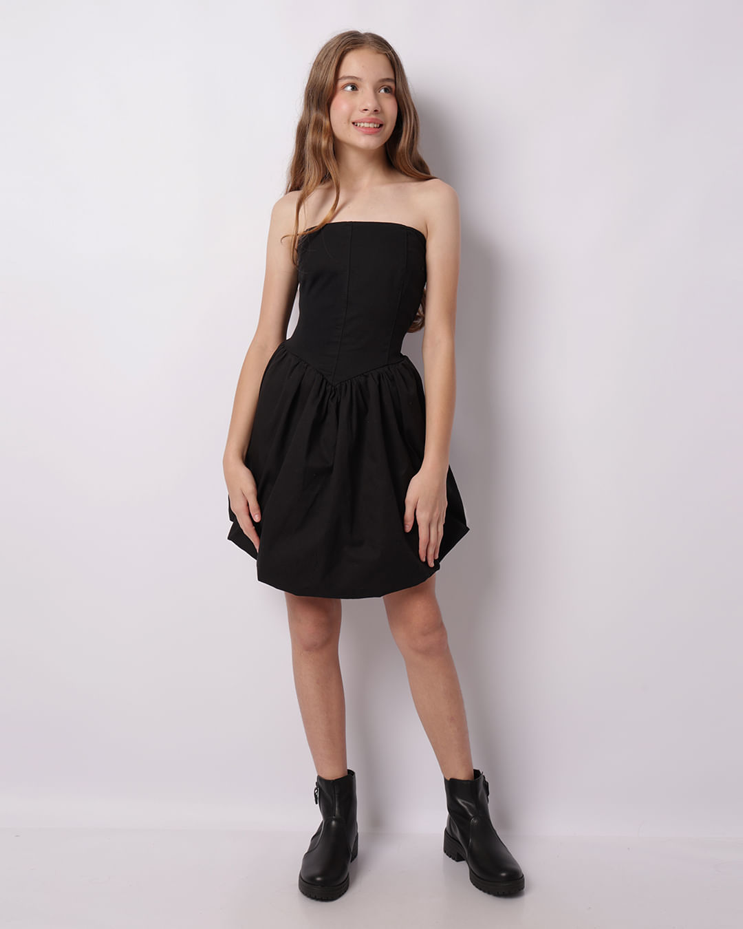 Vestido Sarja Juvenil Balonê Tomara Que Caia Vazado Preto-1749236828061