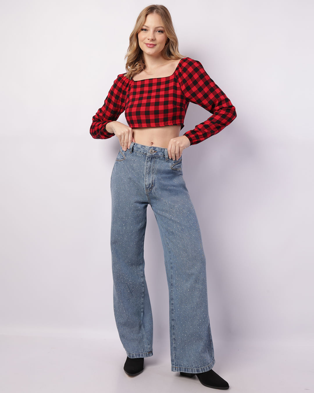 Calça Jeans Feminina Wide Leg Com Aplicação Strass Azul