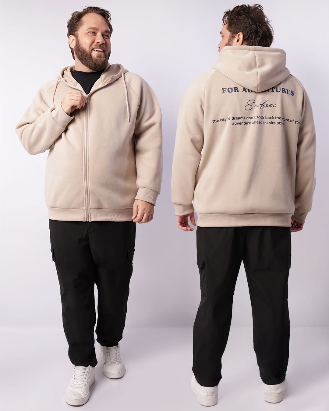 Jaqueta Moletom Plus Size Masculina com Capuz Estampa Bege