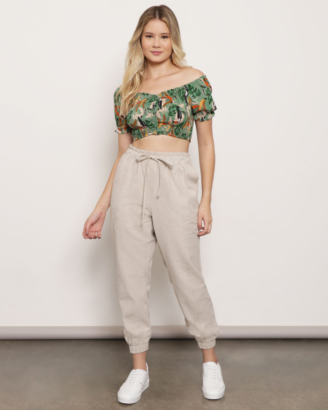 Blusa Feminina Cropped Berry & Co. Lastex Estampada Verde