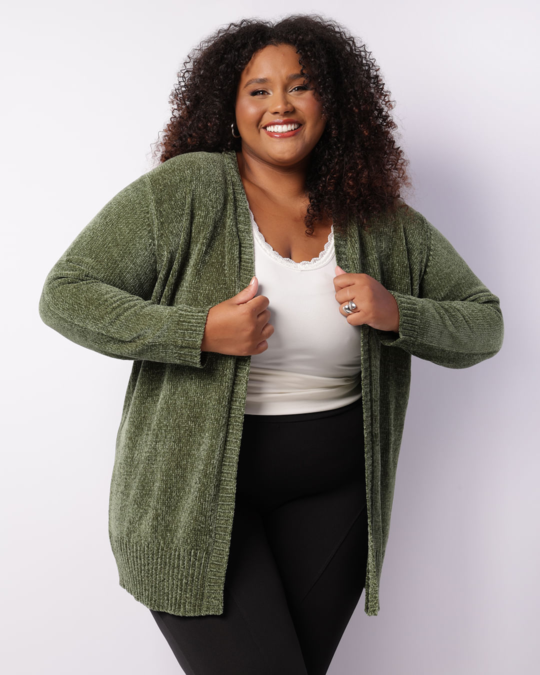 Cardigan Plus Size Feminino Chenille Verde