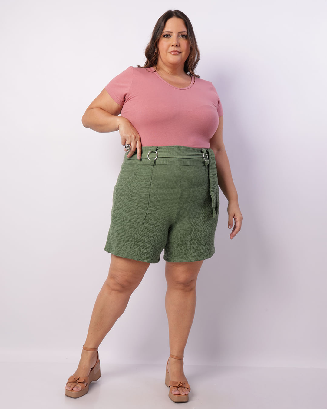 Short Plus Size Feminino Curto Texturizado Verde