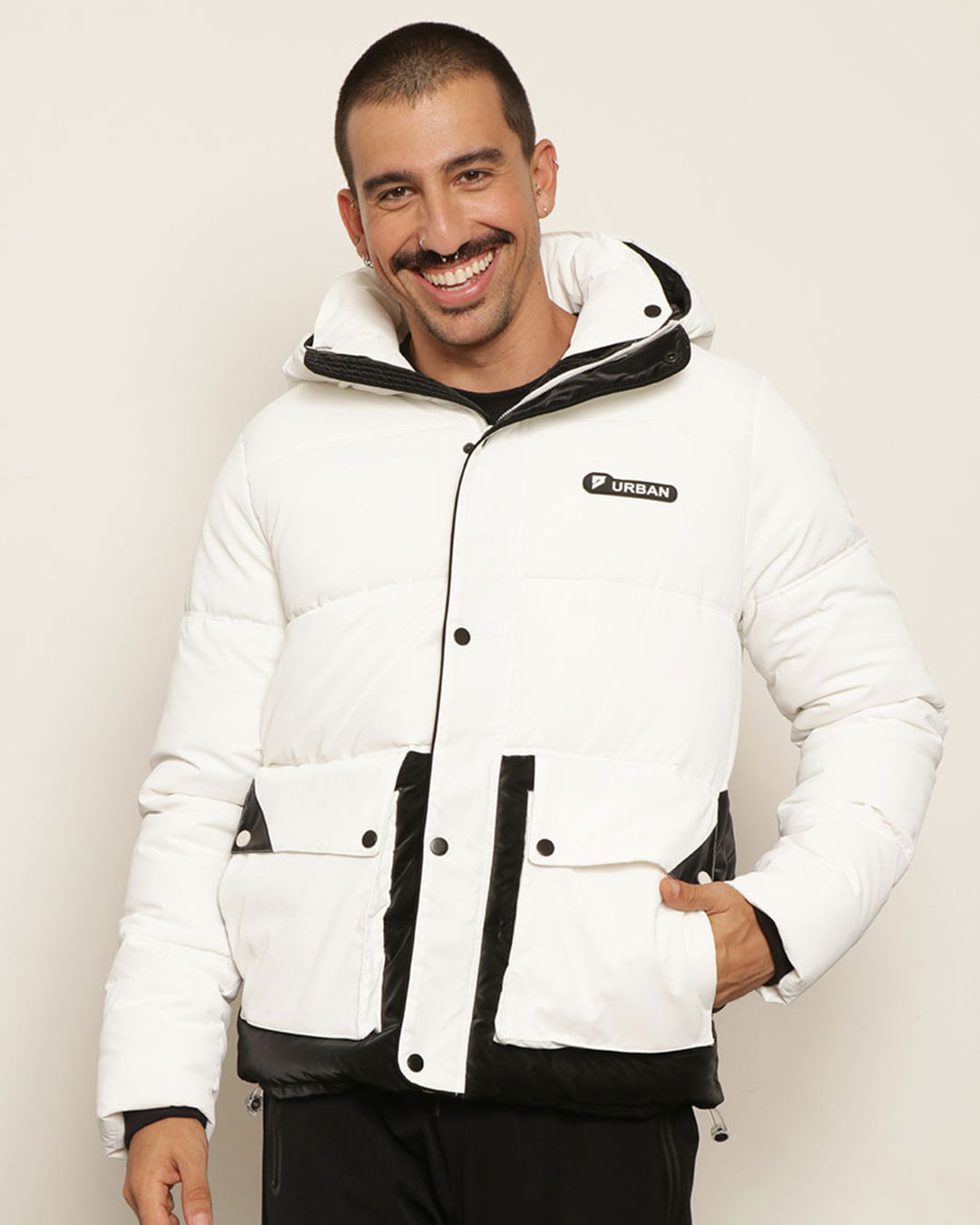 Jaqueta Masculina Puffer Bolsos Com Capuz Branca