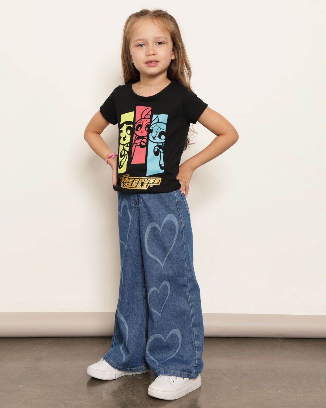 Calça Jeans Infantil Wide Leg Estampa Coração Azul