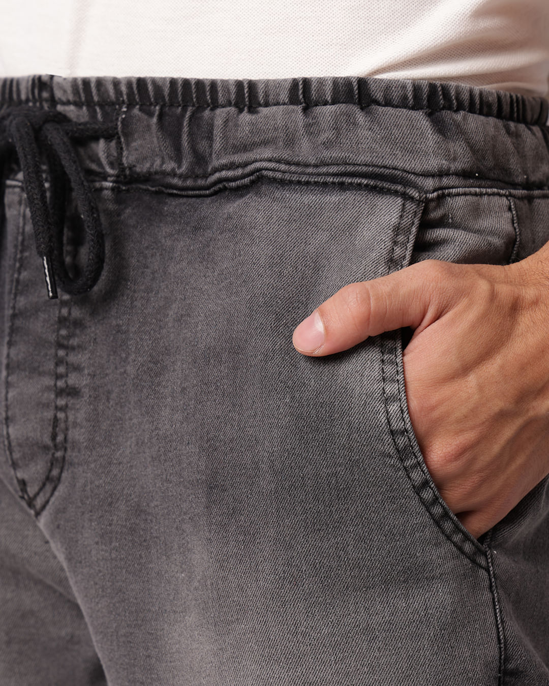 Calça Jeans Masculina Jogger Estonada Com Cordão Cinza