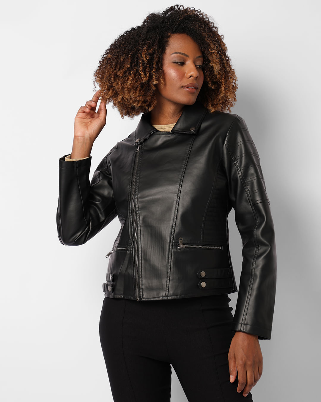 Jaqueta Feminina Sintética Texturizada Com Botões Preta