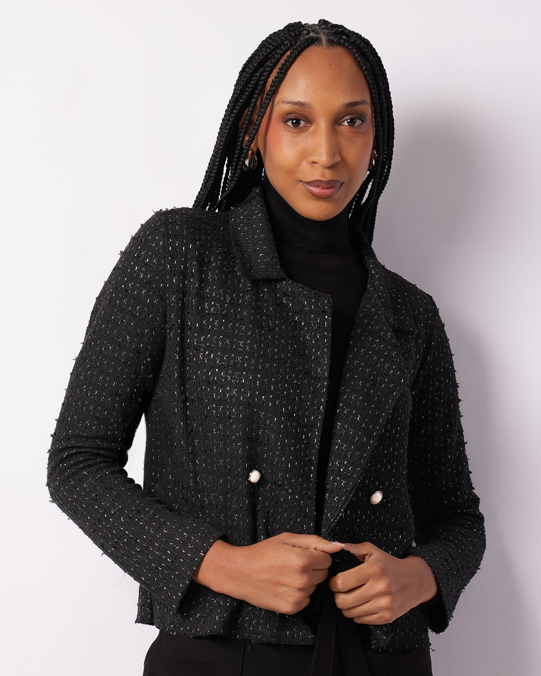 Casaco Feminino Tweed Lurex Com Botões Preto