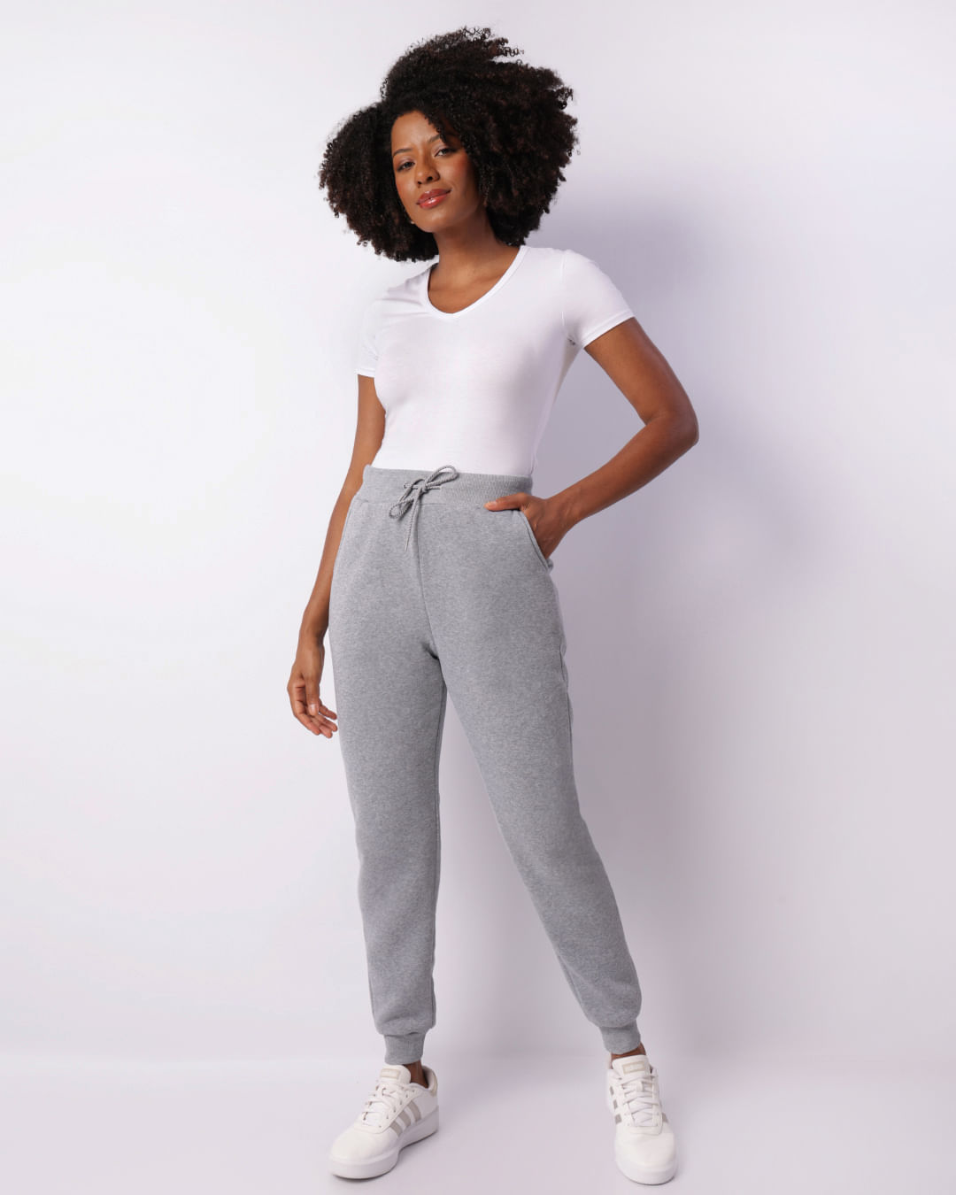 Calça Moletom Feminina Jogger Com Bolsos Cinza
