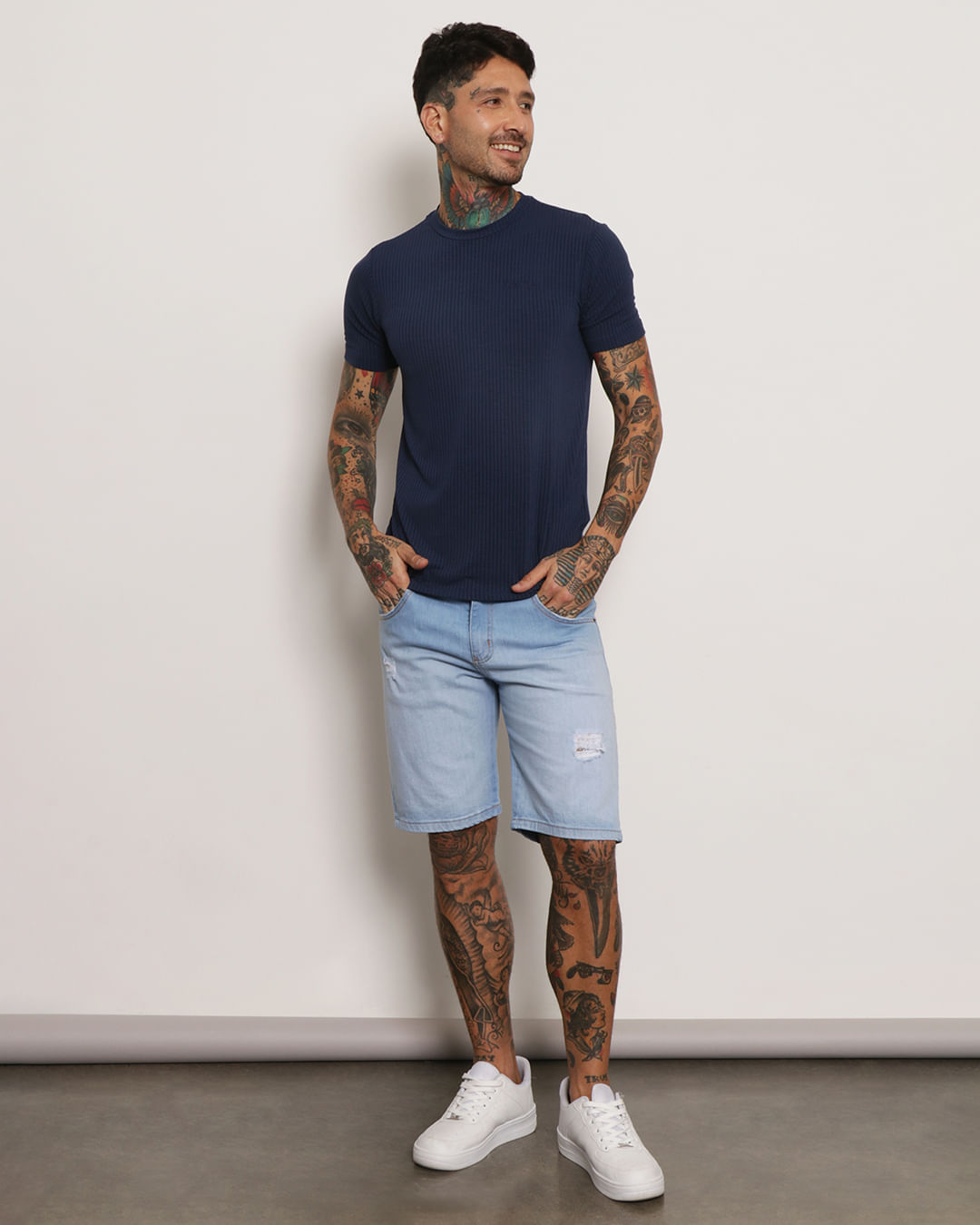 Bermuda Jeans Masculina Destroyed Azul Claro