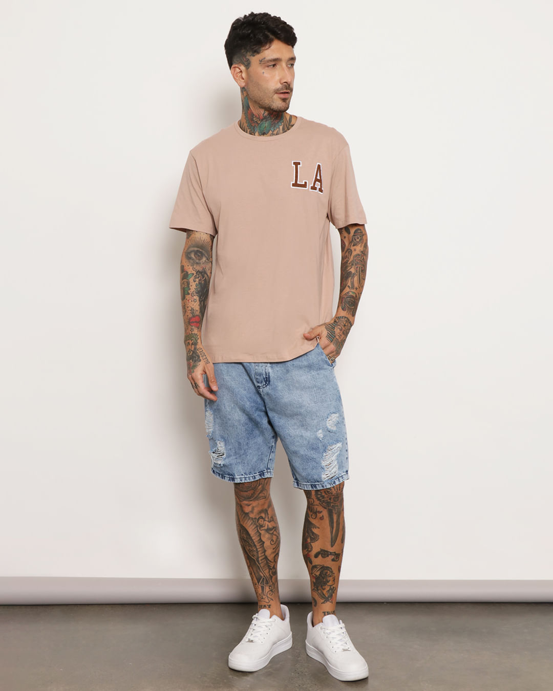 Bermuda Jeans Masculina Destroyed Estonado Com Elástico Azul