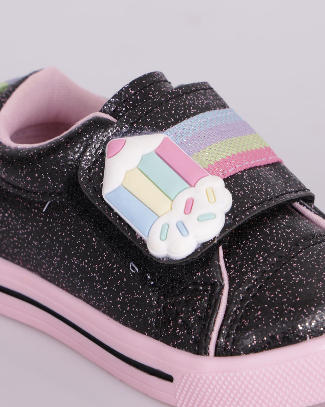 Tênis Bebê Tiras Fixadoras Aplicação com Glitter Preto