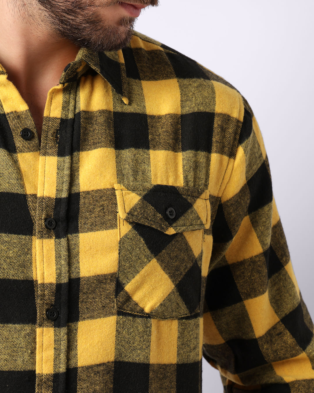 Camisa Masculina Flanelada Xadrez Com Bolsos Amarela - Main Image