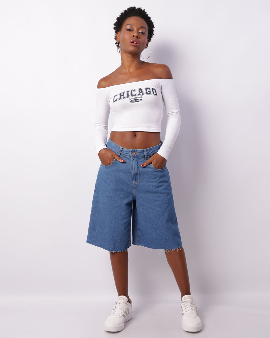 Bermuda Jeans Feminina Jort Barra Desfiada Azul