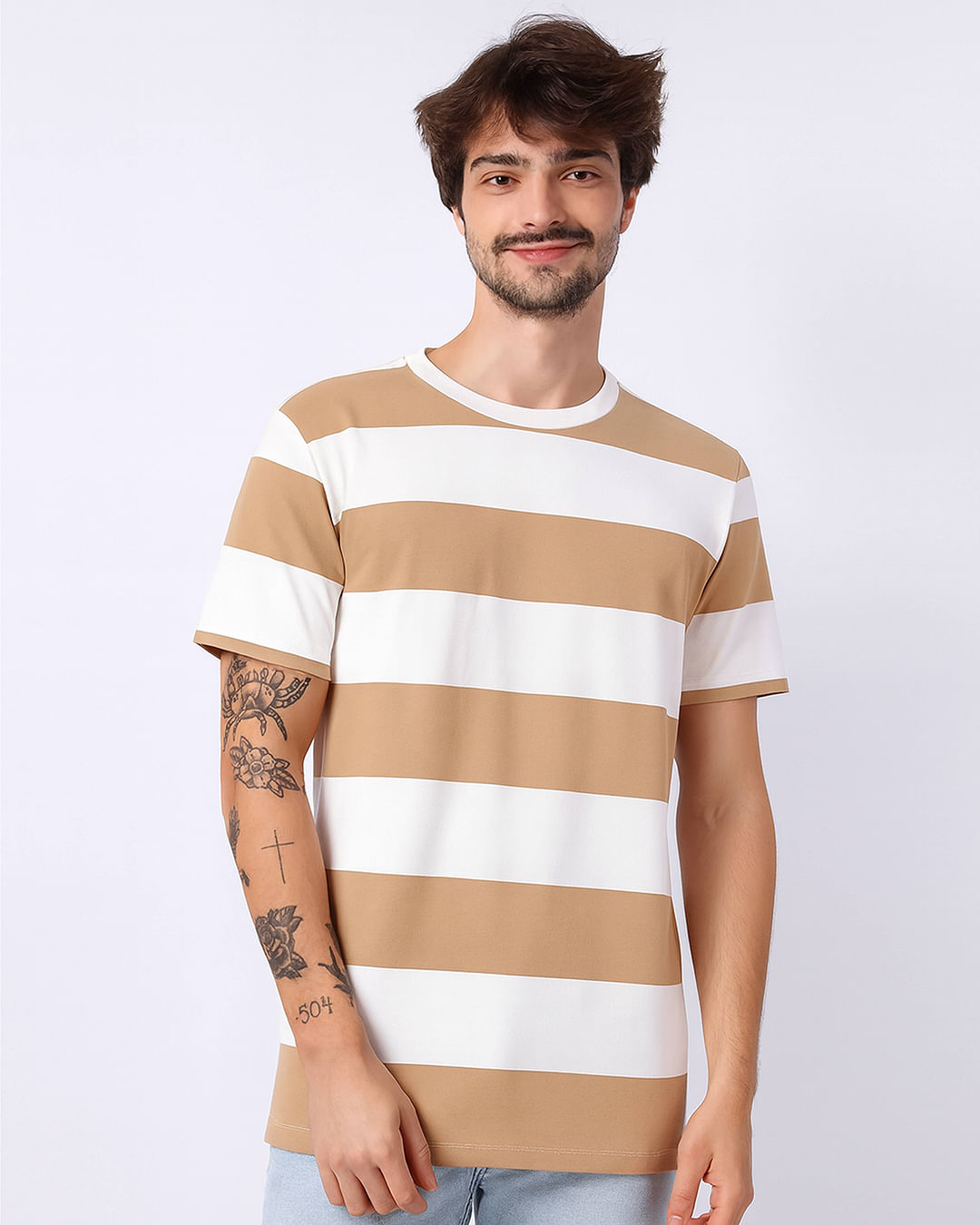 Camiseta Masculina Oversized Algodão Listrada Manga Curta Bege