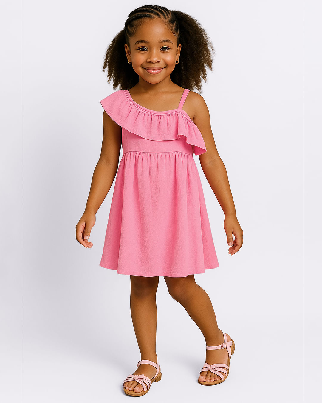 Vestido Infantil Curto Algodão Um Ombro Só com Babado Rosa - Main Image