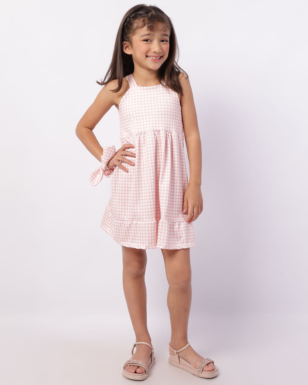 Vestido Infantil Curto Estmpa Xadrez Lacinho Rosa