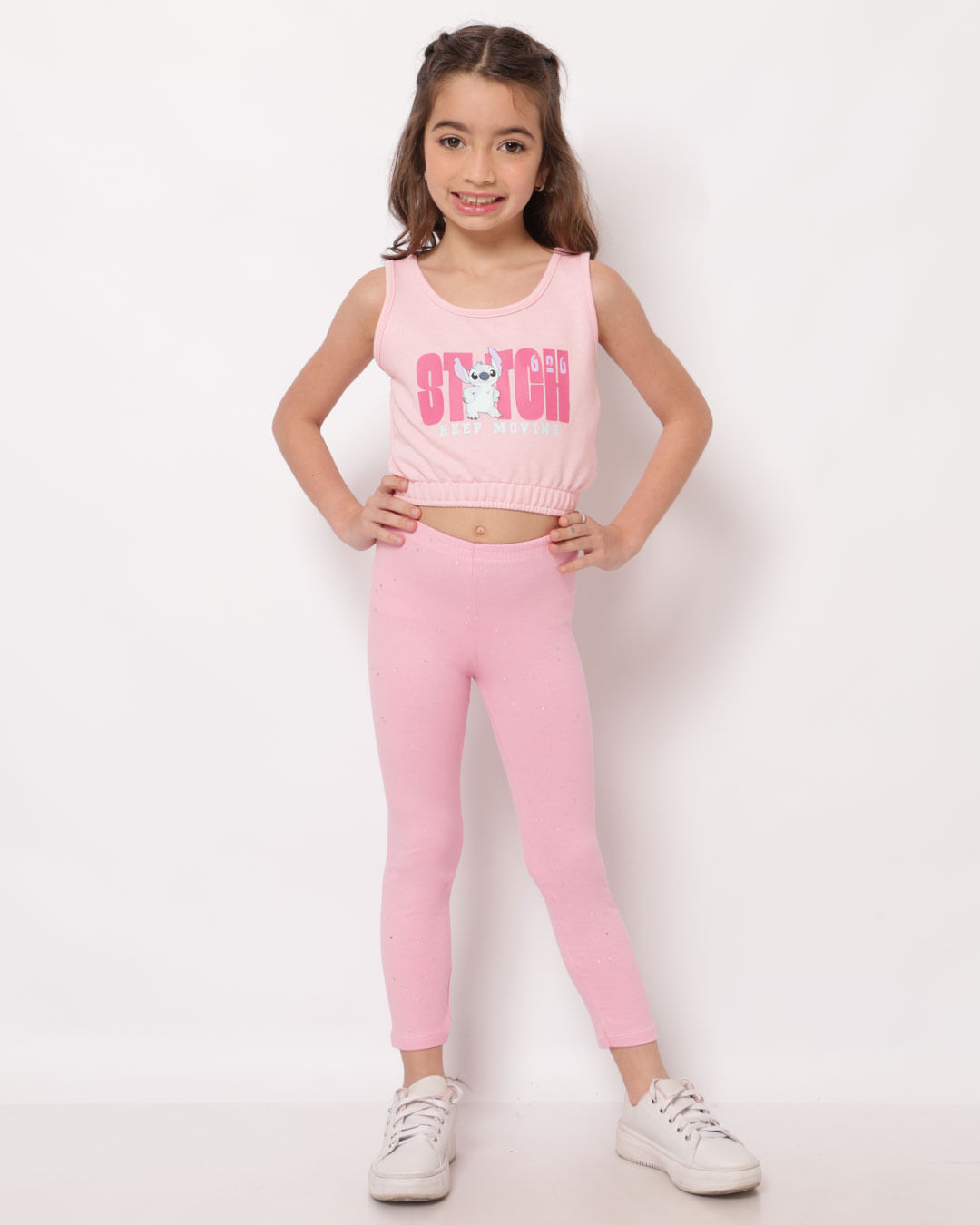 Calça Legging Infantil com Glitter Strass Corações Rosa