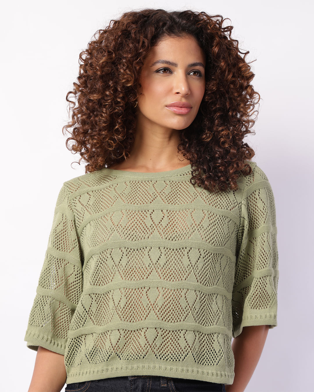 Blusa Feminina Tricô Donatta Ampla Renda Manga 3/4 Verde