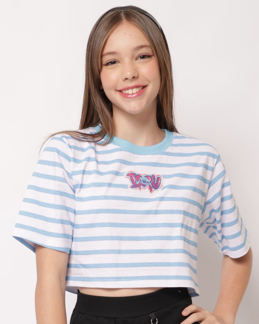 Camiseta Juvenil Cropped Disney Stitch Listrada Azul
