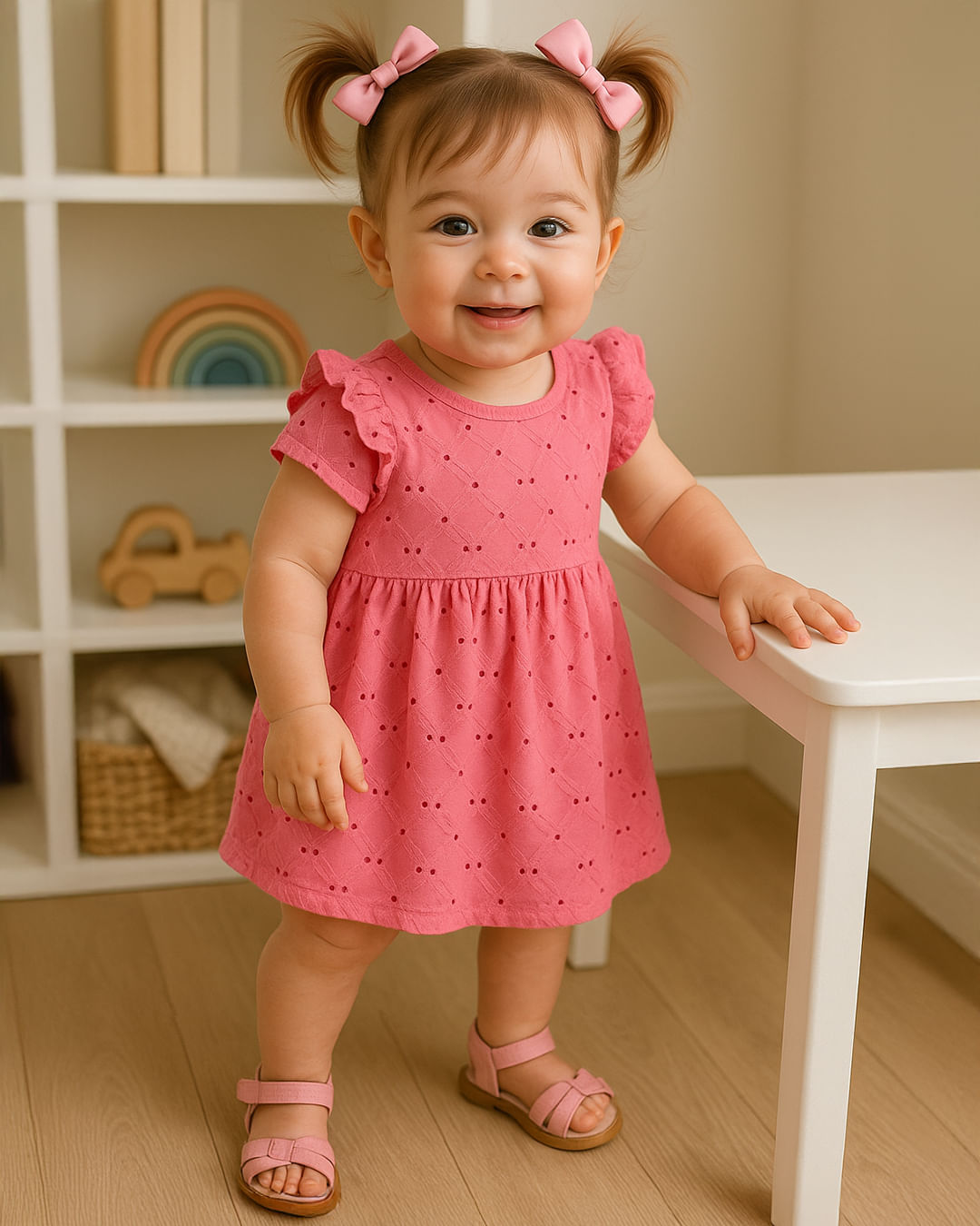 Vestido Bebê Curto Laise com Babado Manga Curta Rosa
