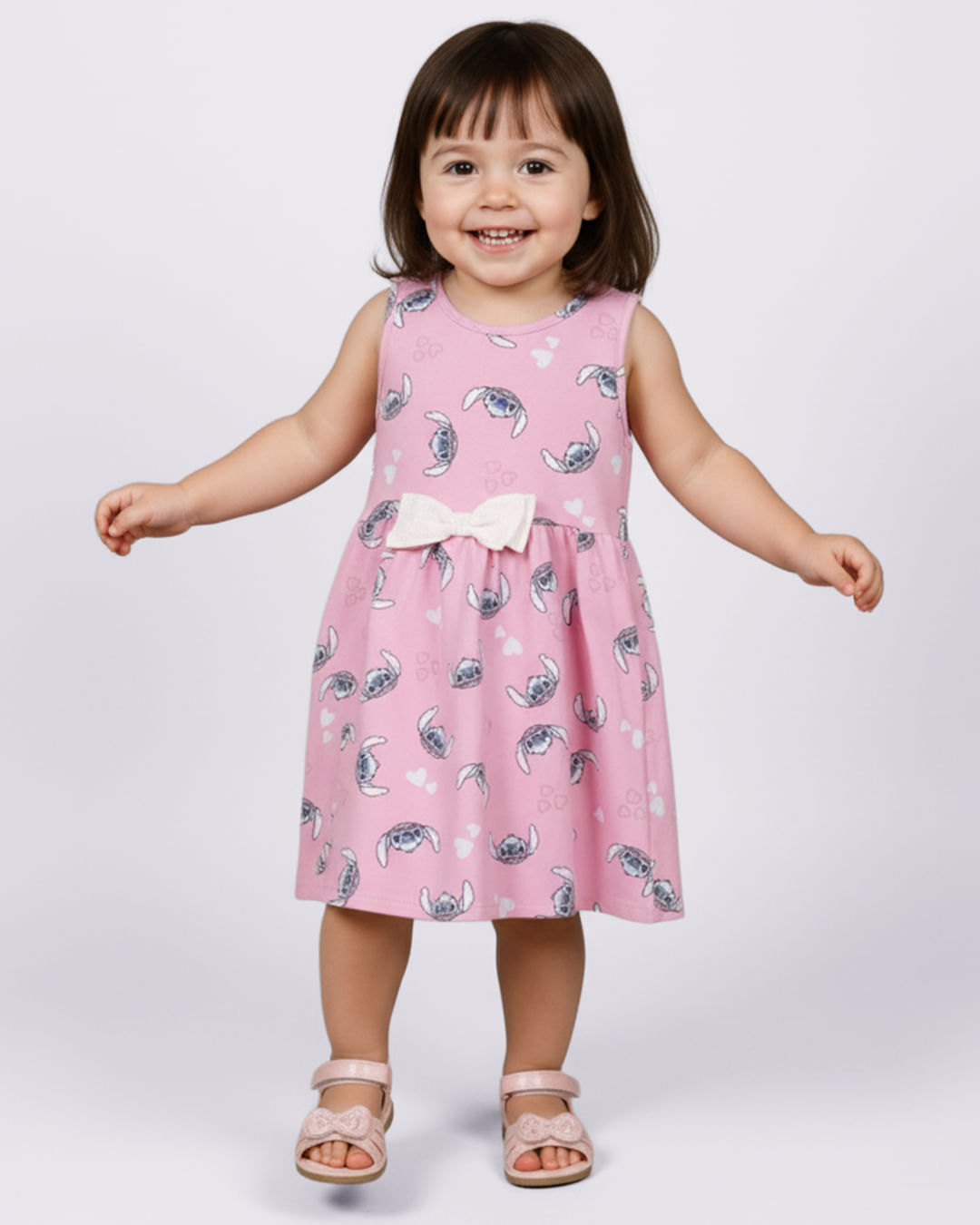 Vestido Bebê Curto Algodão Disney Sticth Estampado Rosa