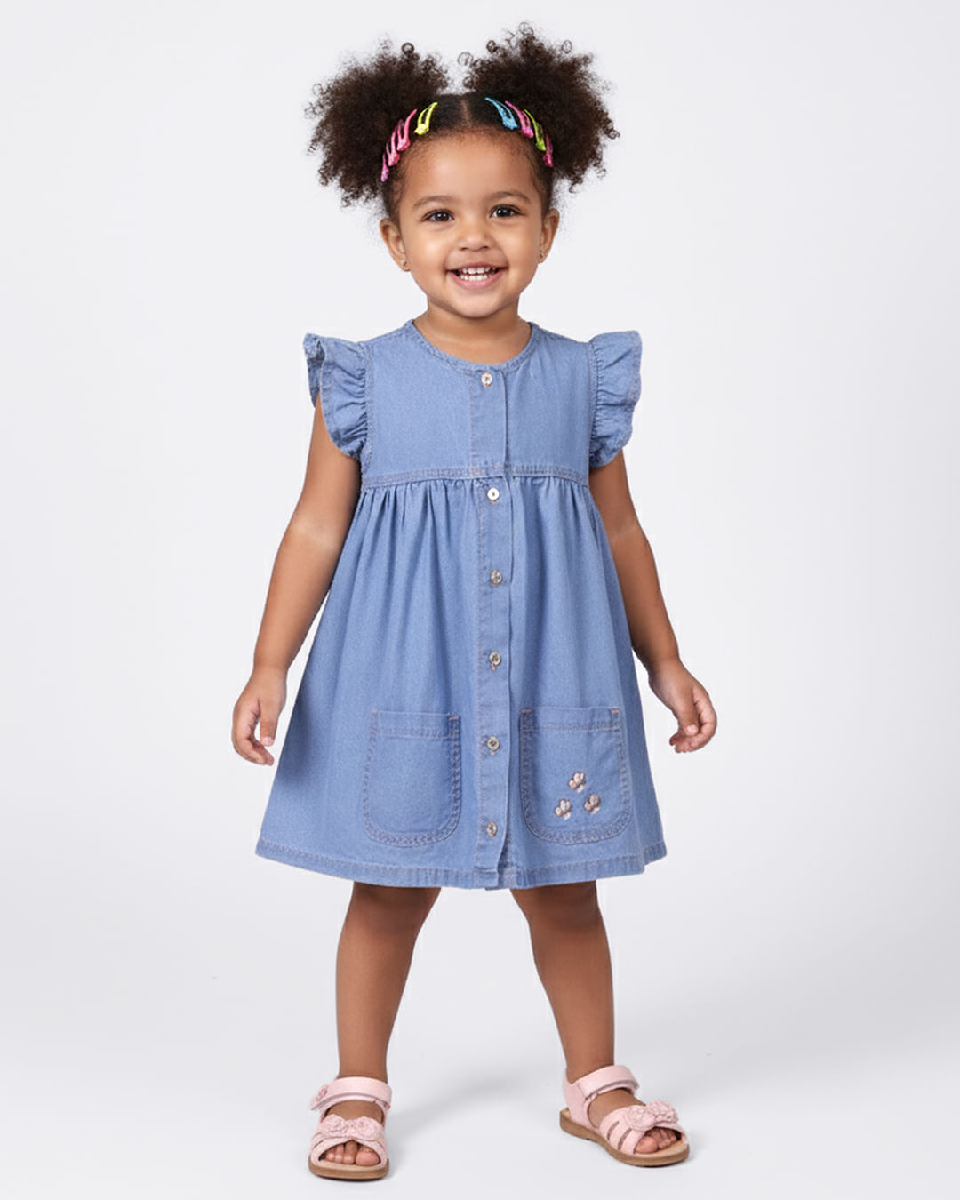 Vestido Liocel Bebê Curto Bordado com Babado Azul