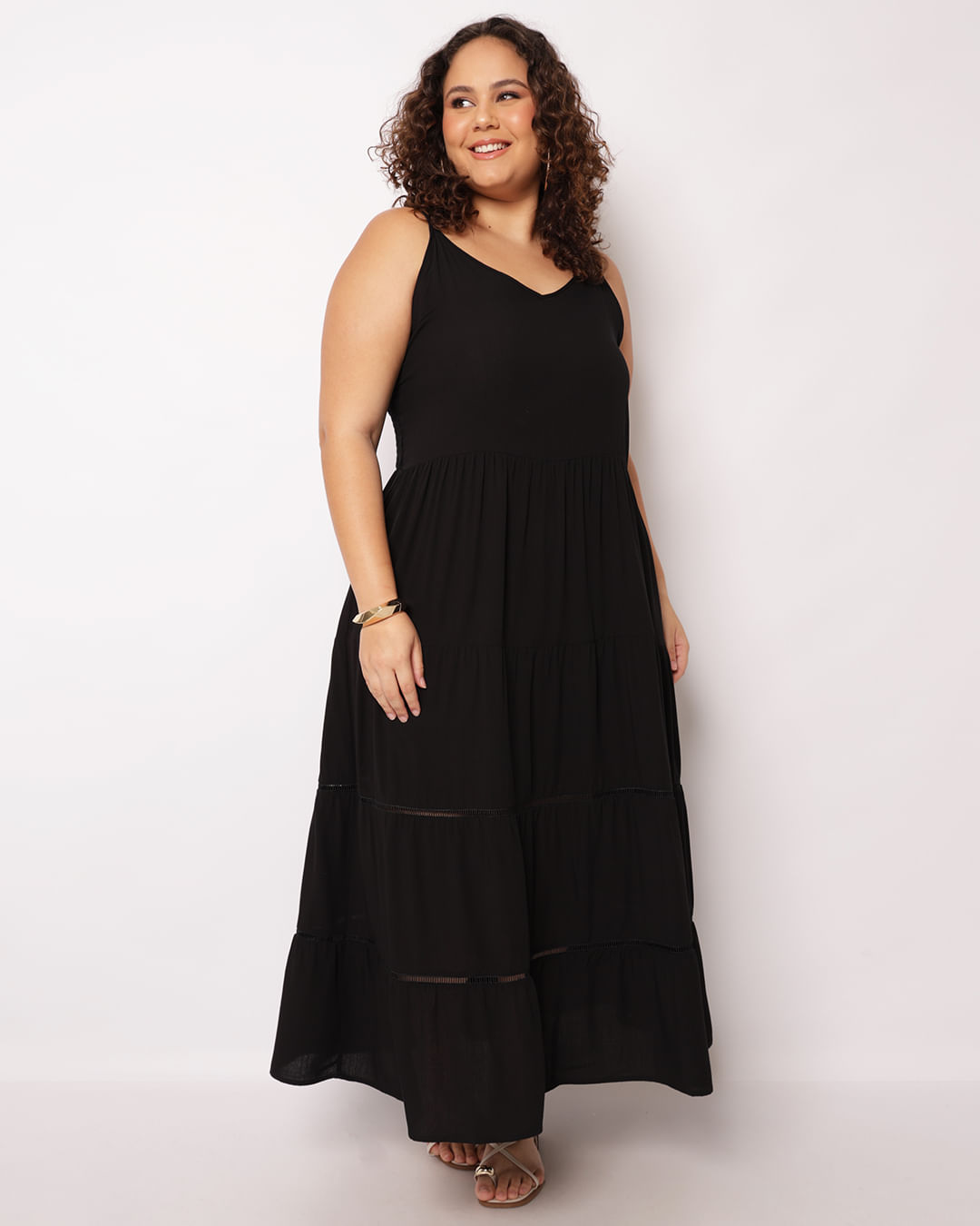 Vestido Plus Size Feminino Berry Longo Três Marias Viscose Preto