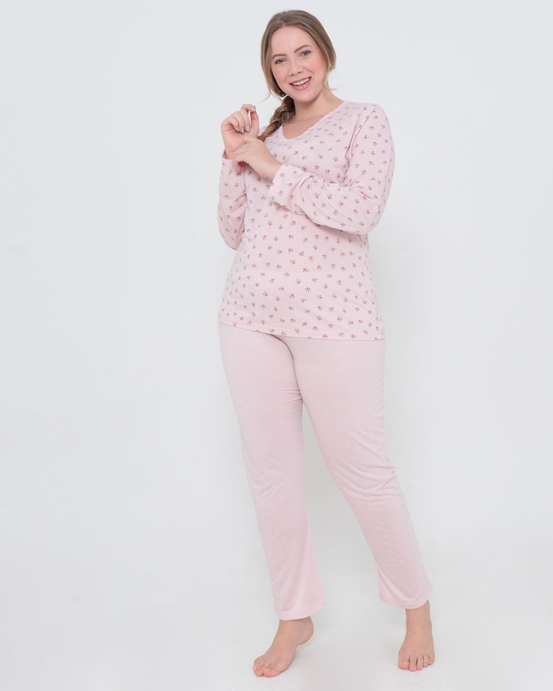 Pijama Feminino Plus Size Longo Floral Rosa Claro