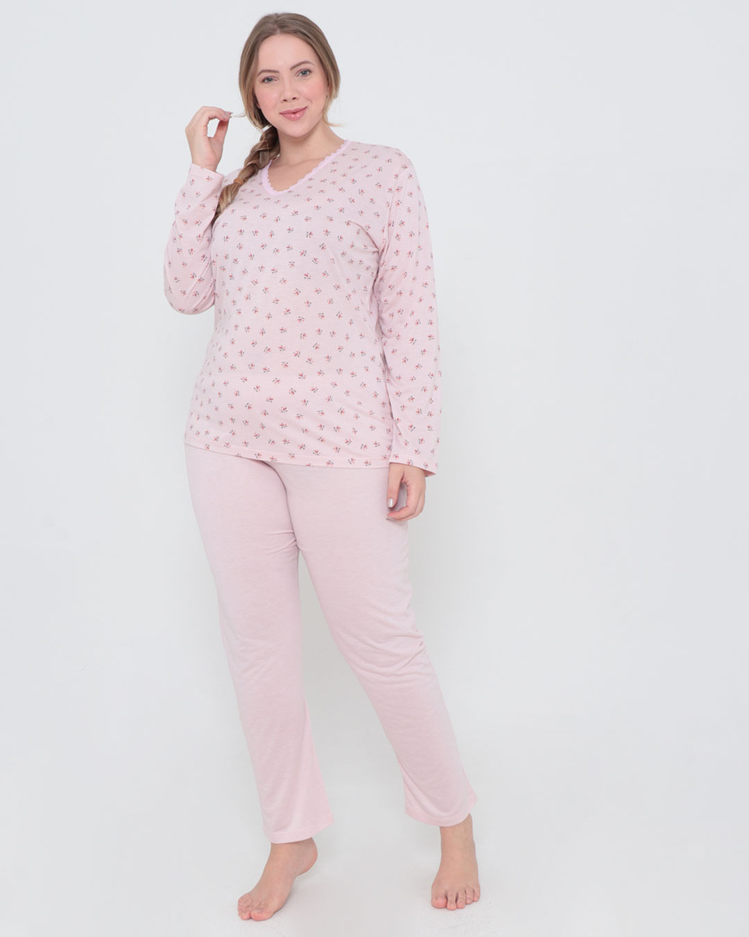 Pijama Feminino Plus Size Longo Floral Rosa Claro