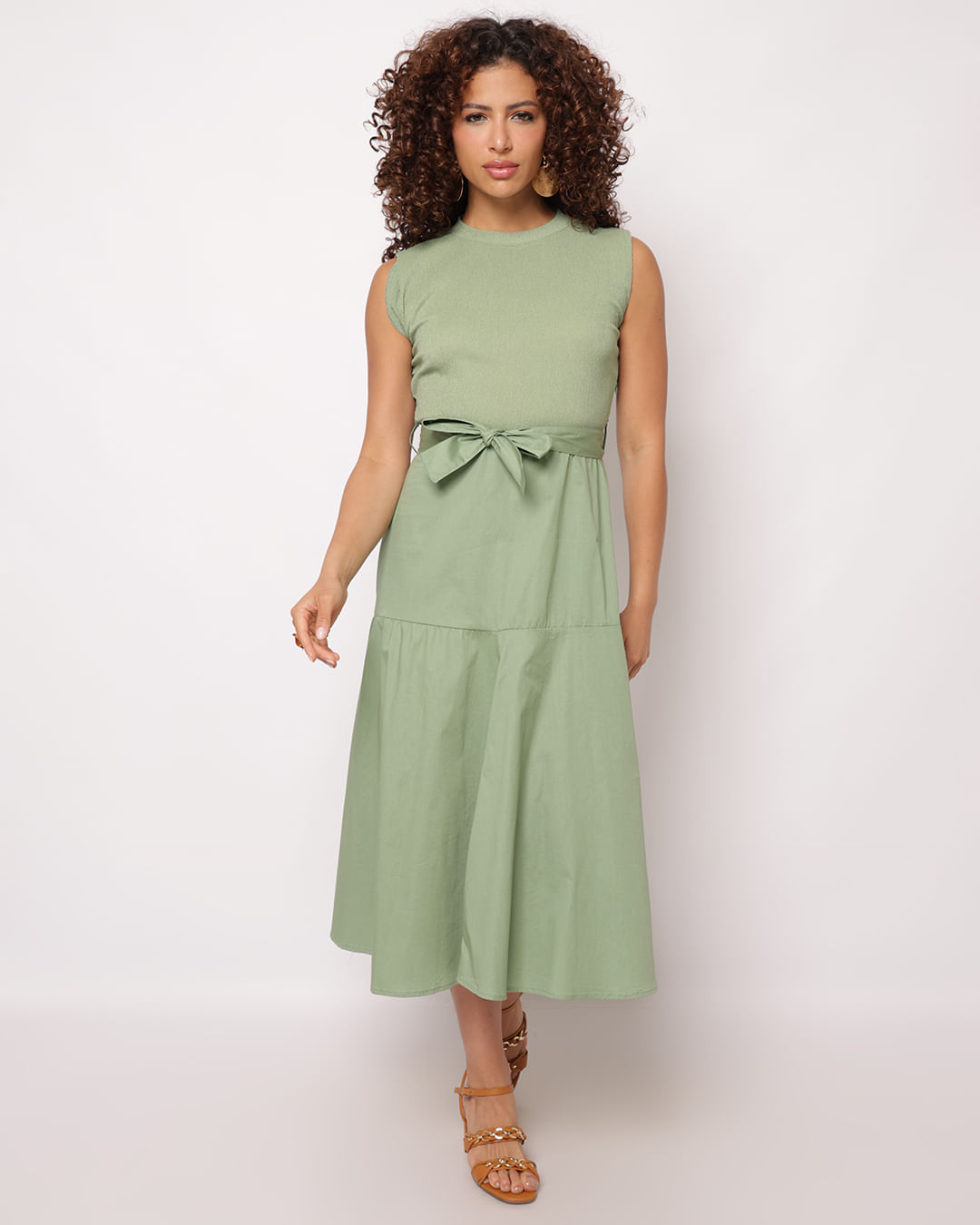 Vestido Feminino Midi Berry & Co. Texturizado Cinto De Amarração Verde