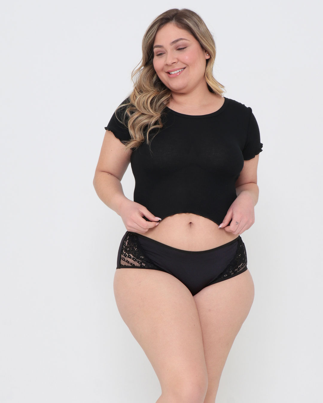 Calcinha Plus Size Avulsa Cintura Alta Renda Preta