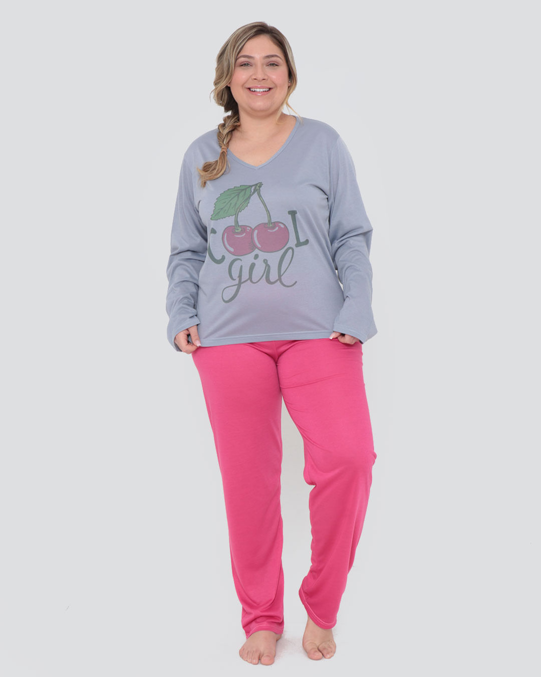 Pijama Longo Plus Size Estampa Cereja Cinza