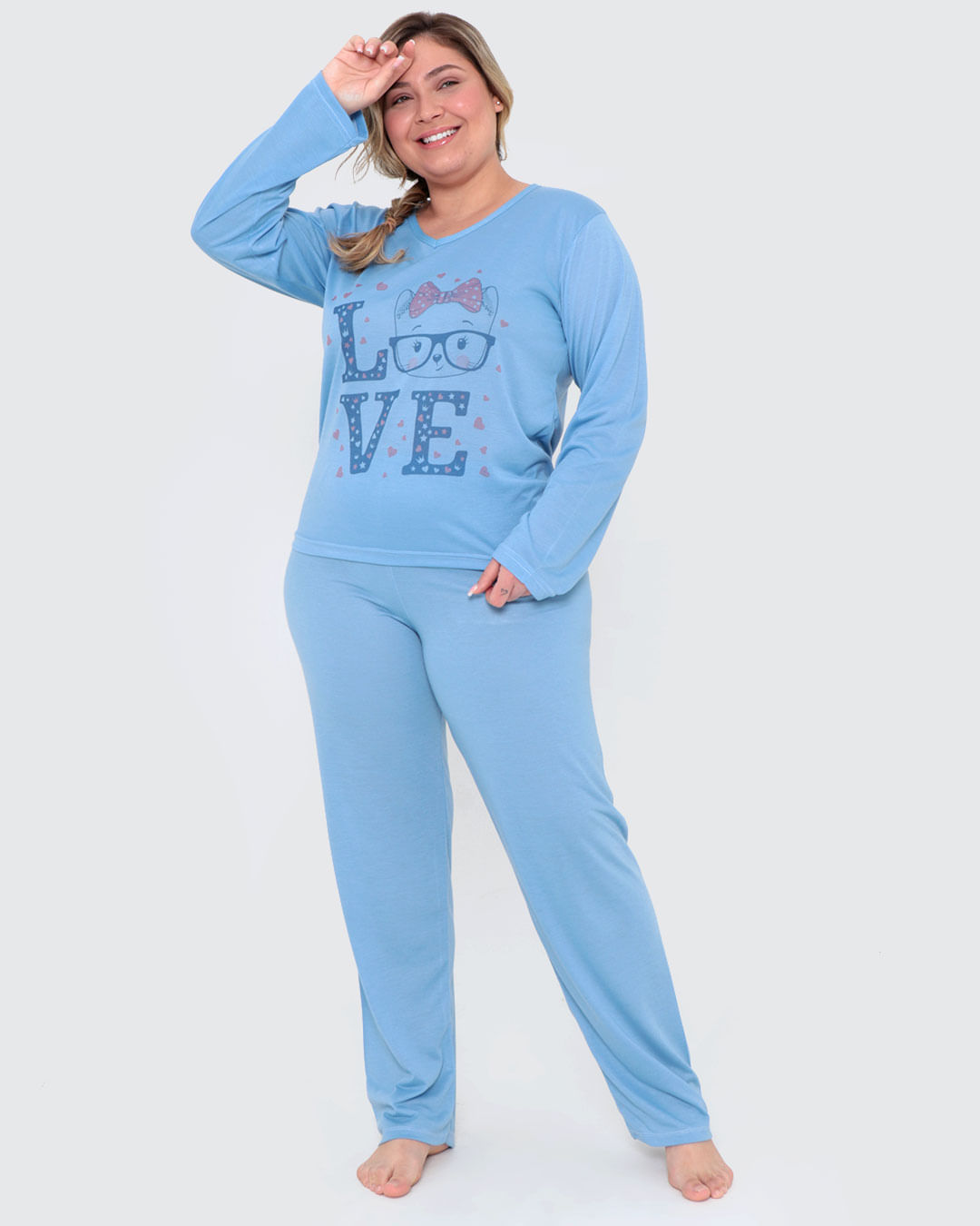 Pijama Longo Plus Size Estampa Frontal Azul