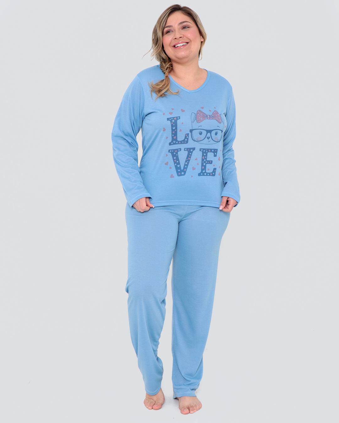 Pijama Longo Plus Size Estampa Frontal Azul