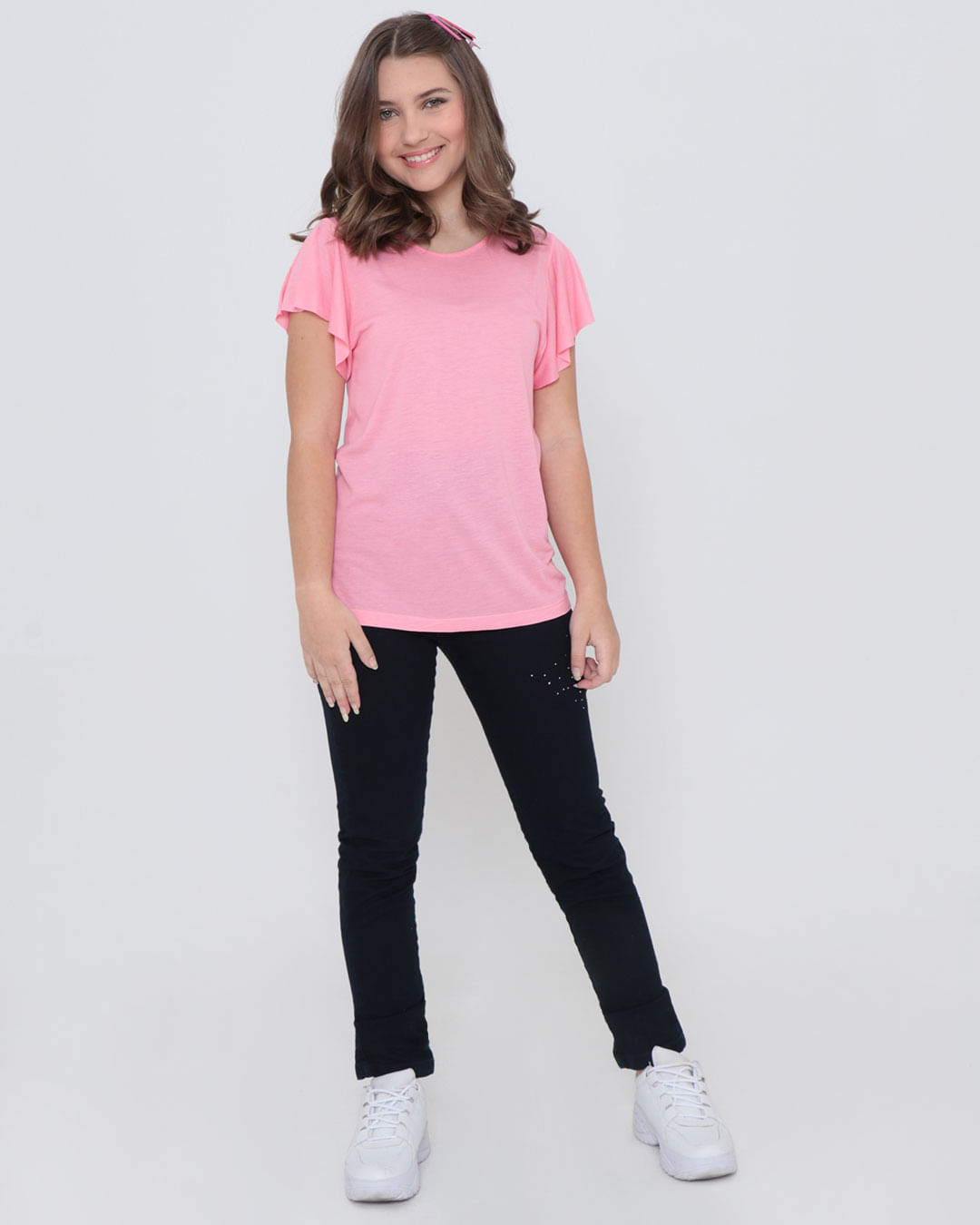 Blusa Juvenil Manga Godê Rosa Claro